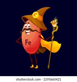 Cartoon ferrum or iron micronutrient wizard character. Isolated vector Fe warlock funny food supplement. Nutrient or element bubble mage, capsule personage wear witch hat, cape holding staff in hand