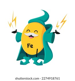 Cartoon ferrum or iron mineral micronutrient wizard character. Isolated vector Fe warlock food supplement. Nutrient or element bubble mage, capsule personage wear witch hat, cape with lightning bolts