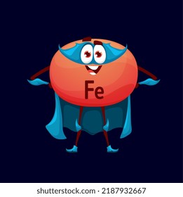 Cartoon Ferrum Or Iron Superhero Character. Isolated Vector Funny Fe Mineral Or Micronutrient Bubble In Blue Super Hero Cloak And Mask. Fairytale Nutrient Defender Personage, Comic Food Supplement