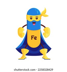 Cartoon ferrum or iron superhero micronutrient character. Isolated vector funny Fe mineral bubble in super hero cloak and mask. Fairytale nutrient defender, food supplement comics personage