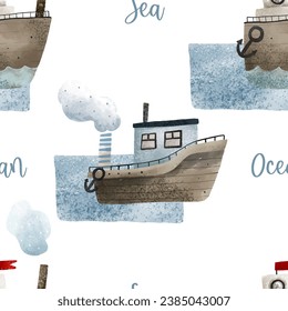 Cartoon ferry and ships. Cute childish seamless pattern with transport. Sea and ocean. Pattern for newborns