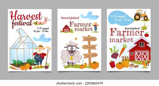 Cartoon festival posters of harvest festival. Farm local market invitation banners or cards with natural vegetables, farm products and farmhouse. Flat happy agricultural farmer gathering crops.