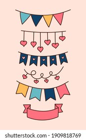 Caricatura Colección de Bunting. Conjunto De Decoración De La Fiesta Del Dodle Vector. Bandera Multicolor Garlands, Corazones, banner. Aniversario de la mano, Navidad, vacaciones de verano elementos para tarjeta de saludo, afiche	