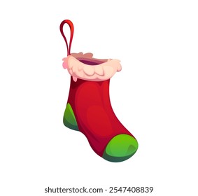 Cartoon festive Christmas holiday stocking decorated in red and green with fluffy white trim and hanging loop, symbolizing tradition of filling socks with small gifts and treats for Xmas celebration