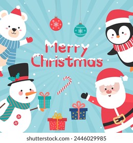 Cartoon festive christmas poster banner. Merry Christmas and happy new year with Santa Claus snowman pengin and bear. Holiday cartoon character in winter season. 