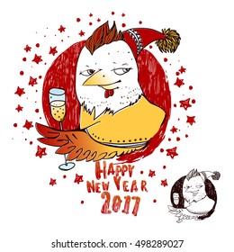 Cartoon festive cock or rooster holding glass of champagne. Vector illustration. Symbol of Chinese New Year. It may be used for design of a t-shirt, bag, postcard, a poster, brochure.
