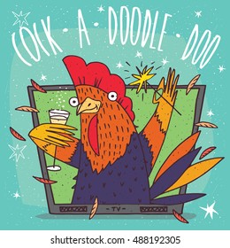 Cartoon festive cock or rooster in TV frame holding glass of champagne and sparkler. Blue background and Cock a doodle doo lettering. Vector illustration svg
