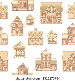 Cartoon Festive Gingerbread Houses Seamless Pattern Background. Vector