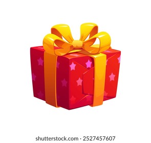 Cartoon festive red gift box decorated with pink stars and wrapped in a bright yellow ribbon bow. Isolated vector festive present for celebration birthday, Christmas or special occasions and events