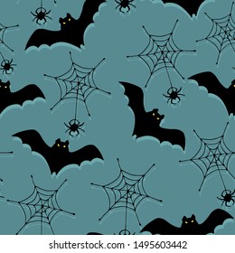 Cartoon festive seamless color pattern with bats, cobwebs, spider, on a neutral background. Halloween. vector. 