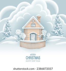 Cartoon festive winter background with cottage and winter flowers. Merry Christmas and New Year greeting card.