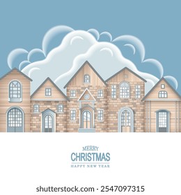 Cartoon festive winter background with houses. Merry Christmas and New Year greeting card