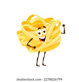 Caricatura de pasta fettuccine. Personaje aislado de la comida de la comida de la cocina de vectores cómicos. macarrones alegres y amigables con una sonrisa encantadora, emoticono de cena adorable y adorable para el libro de recetas o el juego