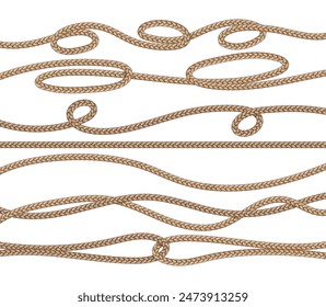 Cartoon fiber ropes. Straight tied up twisted thread cords with loops, yarn strings isolated vector illustration