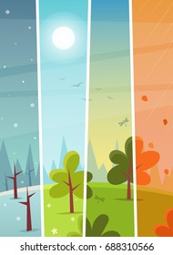 Cartoon Field: Four Seasons. Vector Illustration