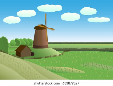 Cartoon field landscape with windmill