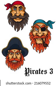 Cartoon fierce pirates and captains characters set for adventures, tattoo and mascot design. Man with beard and mustaches