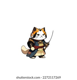 Cartoon fighting cat with a saber in his hands on a white background. Vector illustration