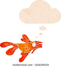 caricatura que lucha contra los peces con burbuja de pensamiento en un estilo retro angustiado con textura grunge