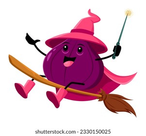 Cartoon figs fruit wizard or magician character riding broomstick. Funny vector magic Halloween personage in hat flying on wooden broom. Smiling tropical fruit wiz or sorcerer hurry for coven party