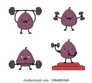 cartoon figs. with sports equipment, dumbbells, barbells.
