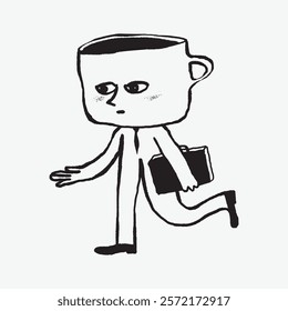 Cartoon figure with a cup head, briefcase in hand, running. Quirky, whimsical art. Cup head character in motion, briefcase held tight. Simple black line art doodle vector.