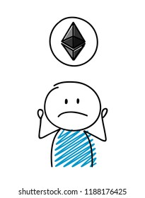 Cartoon figure with hand drawn etherum icon. Vector.