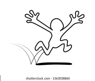 Cartoon figure jumping and running with its arms up. Isolated silhouette. Line art vector illustration.