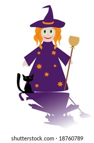 Cartoon figure of little witch with cat. Vector illustration. You can find similar images in my gallery!