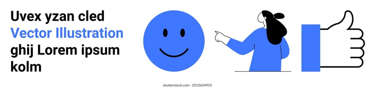 Cartoon figure pointing at happy face and thumbs-up symbol next to placeholder text. Ideal for user feedback, digital marketing, social media, client satisfaction, and online engagement. Landing page