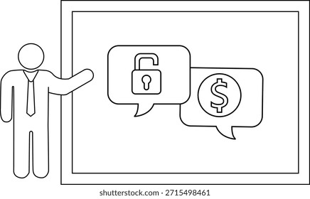 Cartoon-Figur präsentiert ein gerahmtes Bild von Sprechblasen mit Vorhängeschloss und Dollar-Zeichen-Symbole