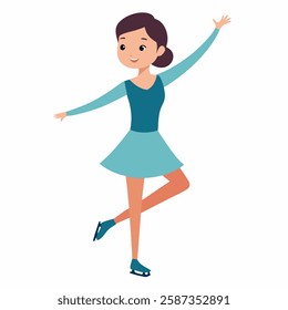 cartoon figure skater girl in blue dress.Suitable for children's books, sticker,t shirt design, mascot, logo. Isolated on white background. Front view .Vector illustration. 