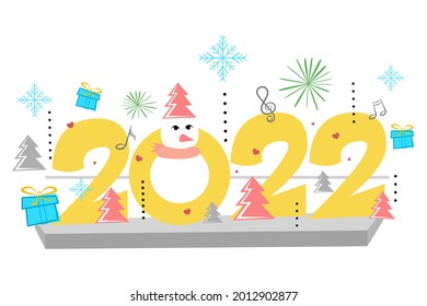 Cartoon figures happy new year day, expressing welcome, 2022 year card