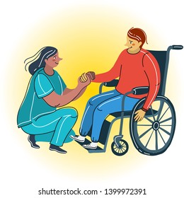 Cartoon figures human on wheelchair with social worker, with the nurse. Vector illustration. Invalid, disabled, help, medicine, hospital concept.