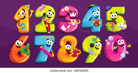 Cartoon figures. Smiling children's school characters numbers. Vector color figures with scenes of school life
