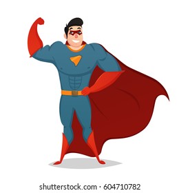 Cartoon figurine of muscular man dressed in superhero costume with red cape isolated vector illustration