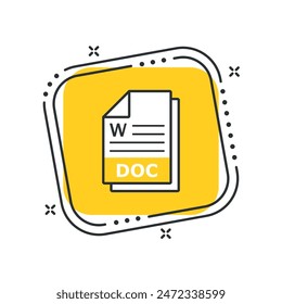 Cartoon file document icon vector illustration. Doc file on isolated yellow square background. Download doc button.