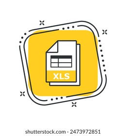 Cartoon file document icon vector illustration. Spreadsheet document on isolated yellow square background. Download xls button.