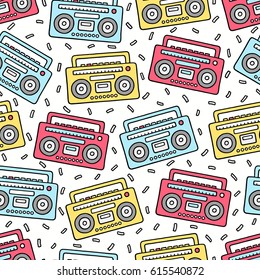 Cartoon Filled Outline Hand Drawn Retro Boombox on White Background Vector Seamless Pattern