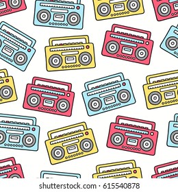 Cartoon Filled Outline Hand Drawn Retro Boombox on White Background Vector Seamless Pattern