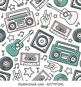 Cartoon Filled Outline Hand Drawn Retro Boombox, Guitar, Loudspeaker, Rock Hand, Audio Cassette, Stars, Vinyl Records, Notes on White Background Vector Seamless Pattern