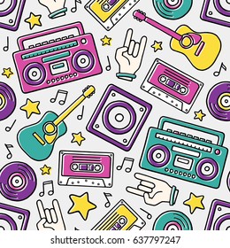 Dibujo de caricaturas con boombox retro de dibujo, guitarra, altavoz, mano de rock, cassette de audio, estrellas, discos de vinilo, notas sobre el vector de fondo blanco patrón sin problemas