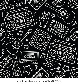 Cartoon Filled Outline Hand Drawn Retro Boombox, Guitar, Loudspeaker, Rock Hand, Audio Cassette, Stars, Vinyl Records, Notes on Dark Background Vector Seamless Pattern