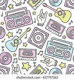 Cartoon Filled Outline Hand Drawn Retro Boombox, Guitar, Loudspeaker, Rock Hand, Audio Cassette, Stars, Vinyl Records, Notes on White Background Vector Seamless Pattern