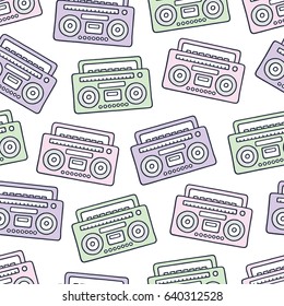 Cartoon Filled Outline Hand Drawn Retro Boombox on White Background Vector Seamless Pattern