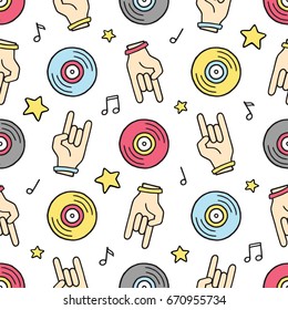 Cartoon Filled Outline Hand Drawn Rock Hand, Stars, Vinyl Records, Notes on White Background Vector Seamless Pattern