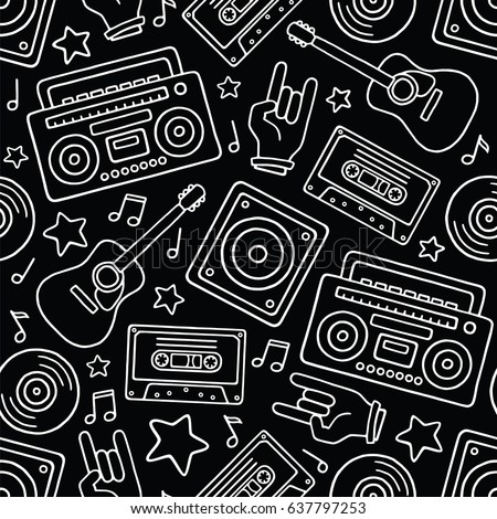 Cartoon Filled Outline Hand Drawn Retro Boombox, Guitar, Loudspeaker, Rock Hand, Audio Cassette, Stars, Vinyl Records, Notes on Dark Background Vector Seamless Pattern