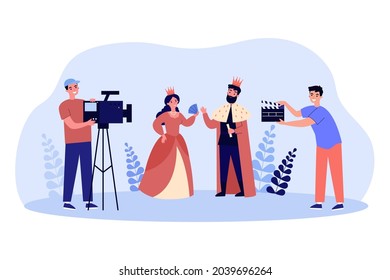 Cartoon film crew shooting movie about king and queen. Actor and actress in royal clothes flat vector illustration. Cinema, media, cinematography concept for banner, website design or landing web page