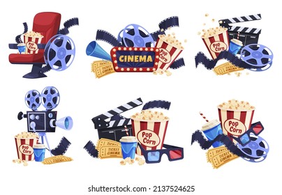 Cartoon film industry set vector flat illustration. Movie theater elements collection popcorn, tape, armchair, camera, ticket, soda beverage, 3d glasses isolated. Filming premiere entertainment