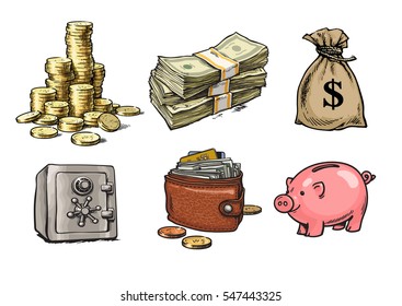 Cartoon finance, money, business set. Stack of coins, paper money, sack of dollars,safe, wallet, piggy bank, ,Hand drawn sketch style vector illustration isolated on white background.